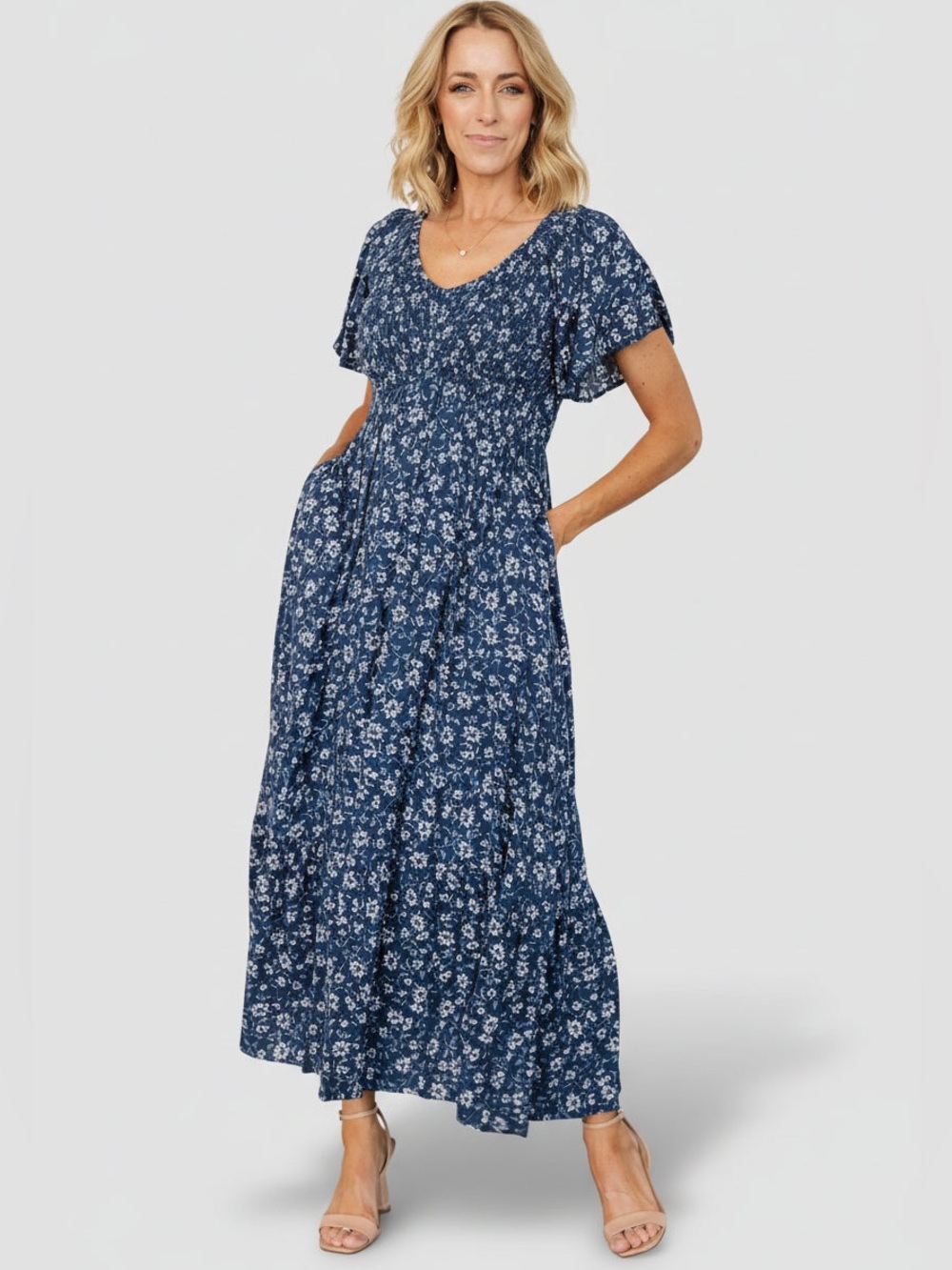 Baltic Born Blue Floral Smocked Maxi Dress Size 1XL Cottage Boho Maternity Aline